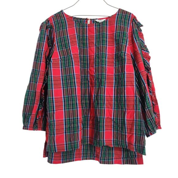 Crown & Ivy Green and Red Plaid 3/4 Sleeve Top - Size Large - Picture 1 of 4